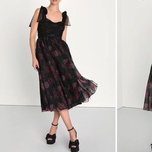 Lulus Striking Scene Black Floral Mesh Ruched Tie-Strap Midi Dress
